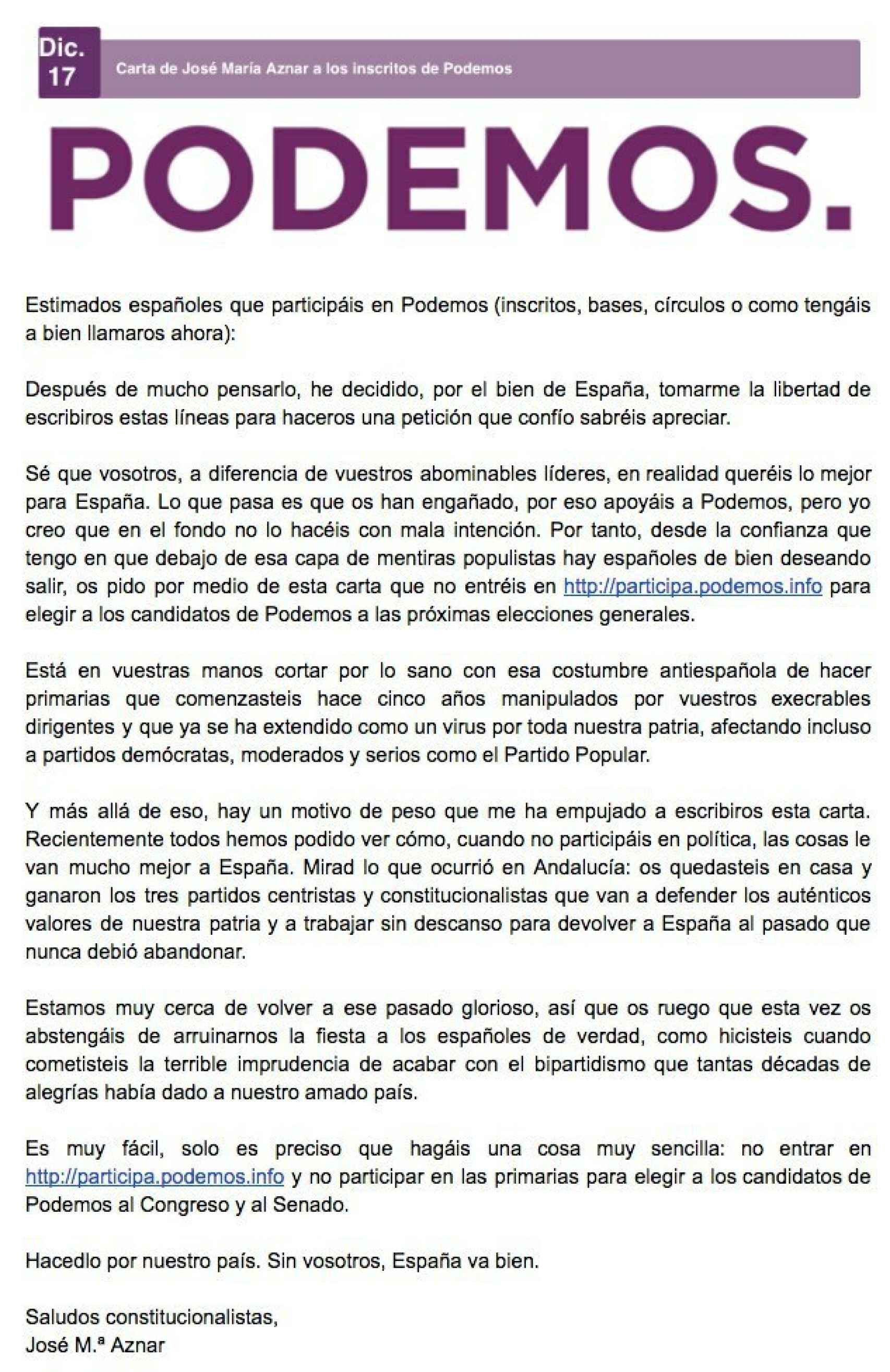 Carta 'fake' de José María Aznar a los militanntes de Podemos.