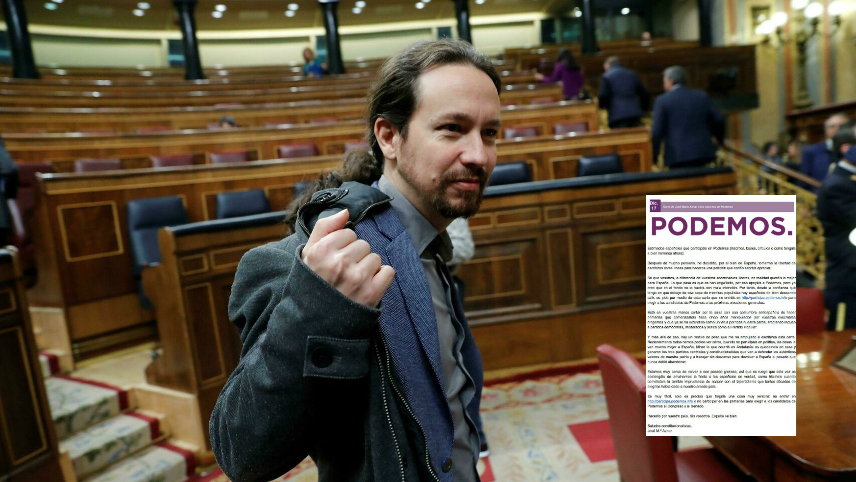Iglesias en el Congreso, junto a la carta 'fake' deAznar a la militancia de Podemos.