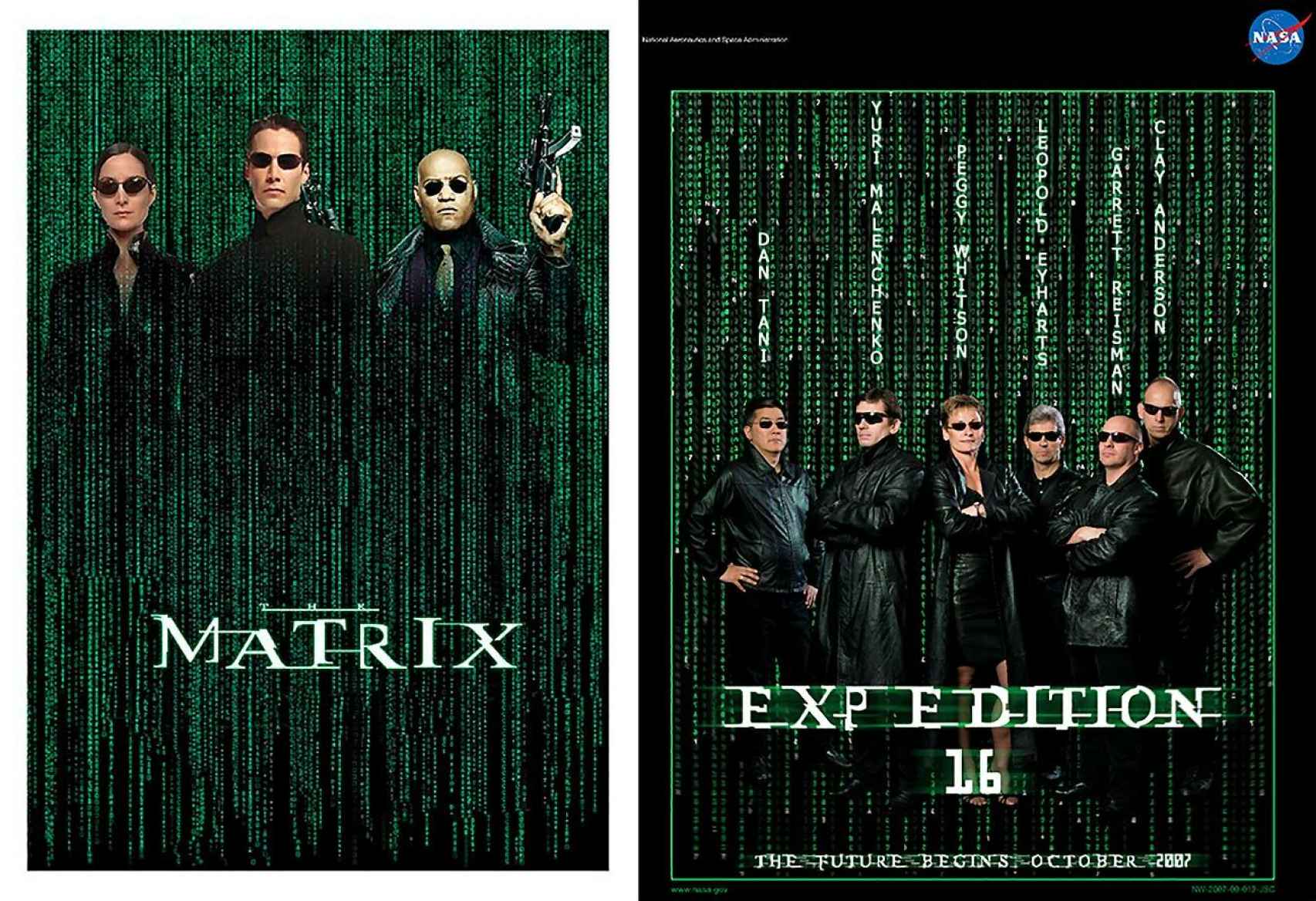 Izquierda, cartel original de Matrix; derecha, póster de la NASA para la expedición 16