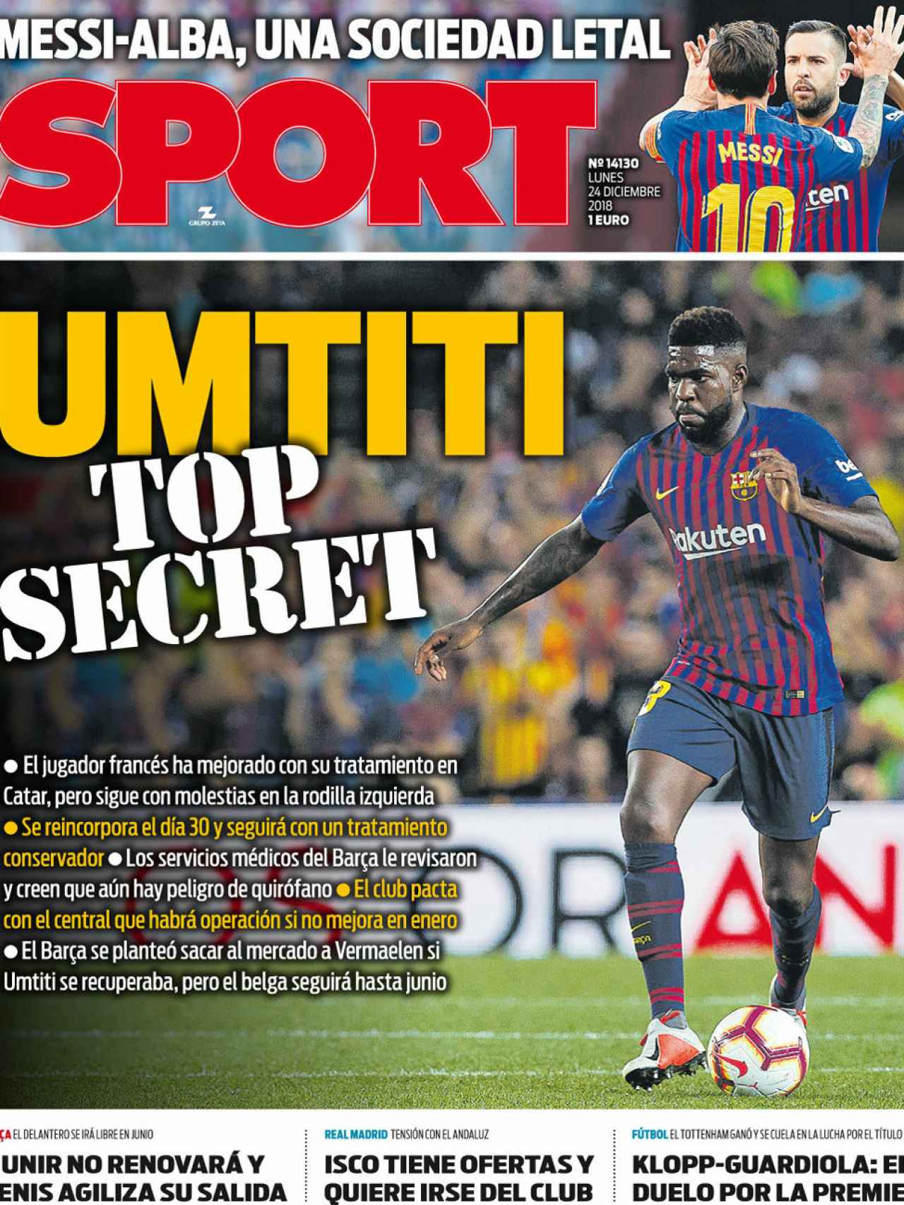 La portada del diario Sport (24/12/2018)