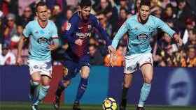 Messi superando a Mazán y Lobotka