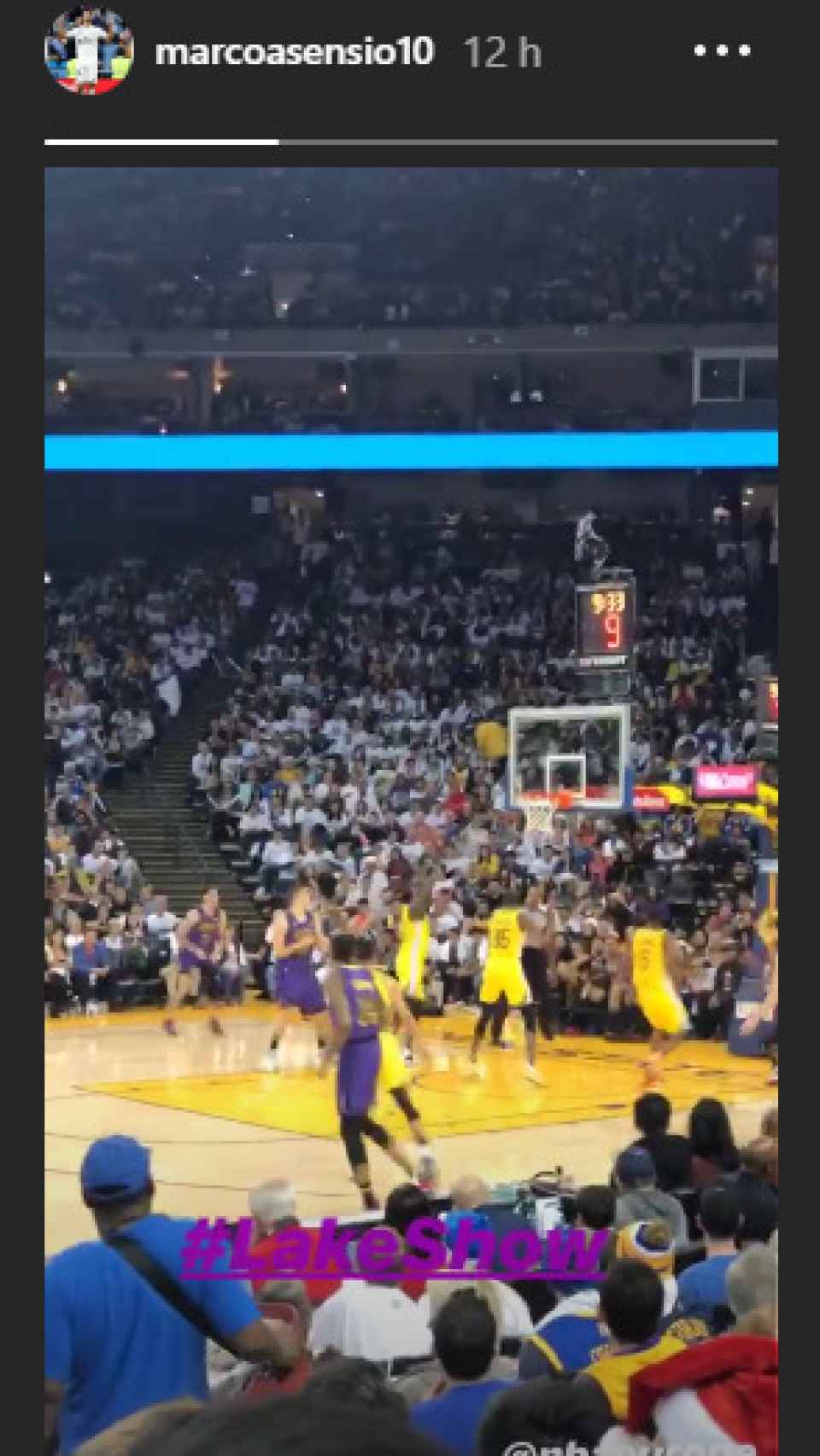 Marco Asensio disfrutando del Warriors - Lakers. Foto: Instagram (@marcoasensio10)