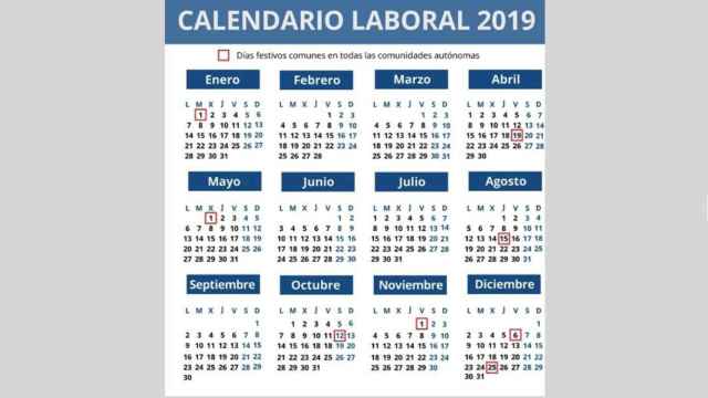 El calendario laboral de 2019.