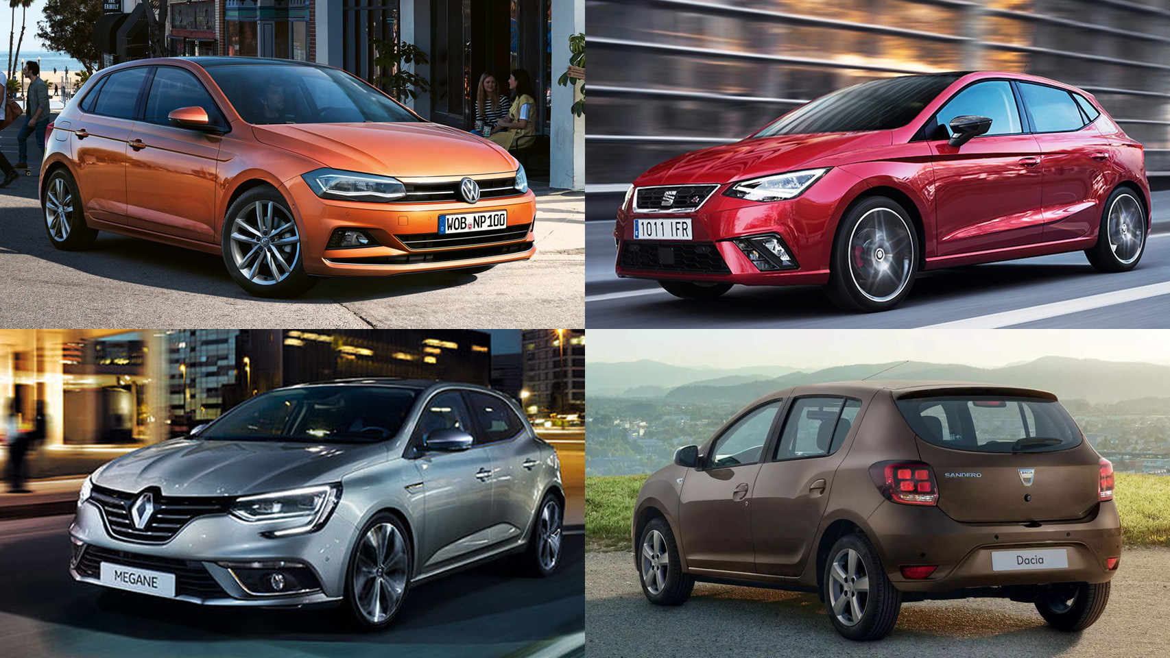 De izquierda a derecha y de arriba a abajo,  el Polo (Volkswagen),  el Ibiza (Seat), el Megane (Renault) y el Sandero (Dacia)