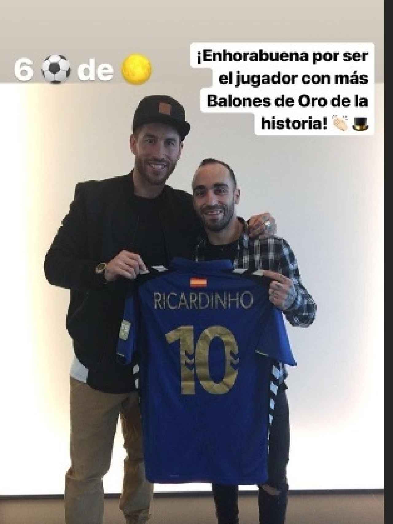 Ramos felicita a Ricardinho por su sexto balón de oro. Foto Historias de Instagram: (@sergioramos)