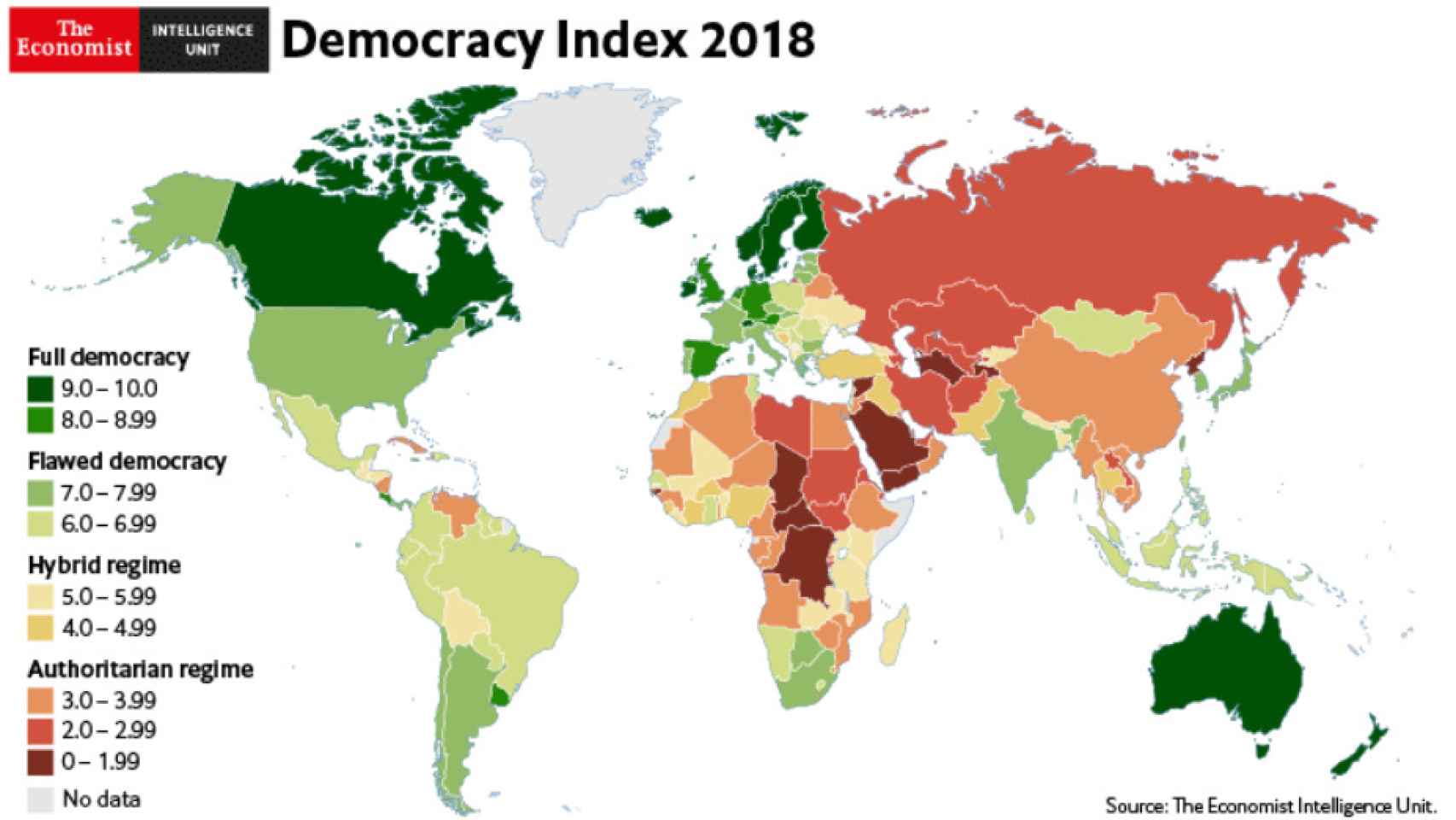 Mapa publicado por The Economist sobre los índices de democracia.