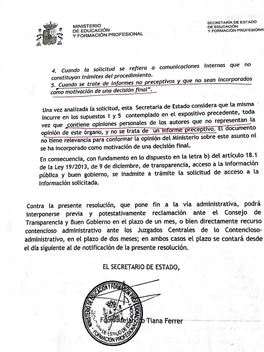 Inadmisión de la solicitud de Isaac Ibáñez al Ministerio de Educación.