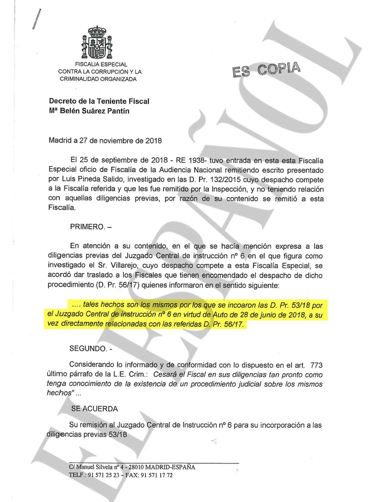 Documento de la Fiscalía Anticorrupción sobre la existencia de la pieza que investiga al BBVA.