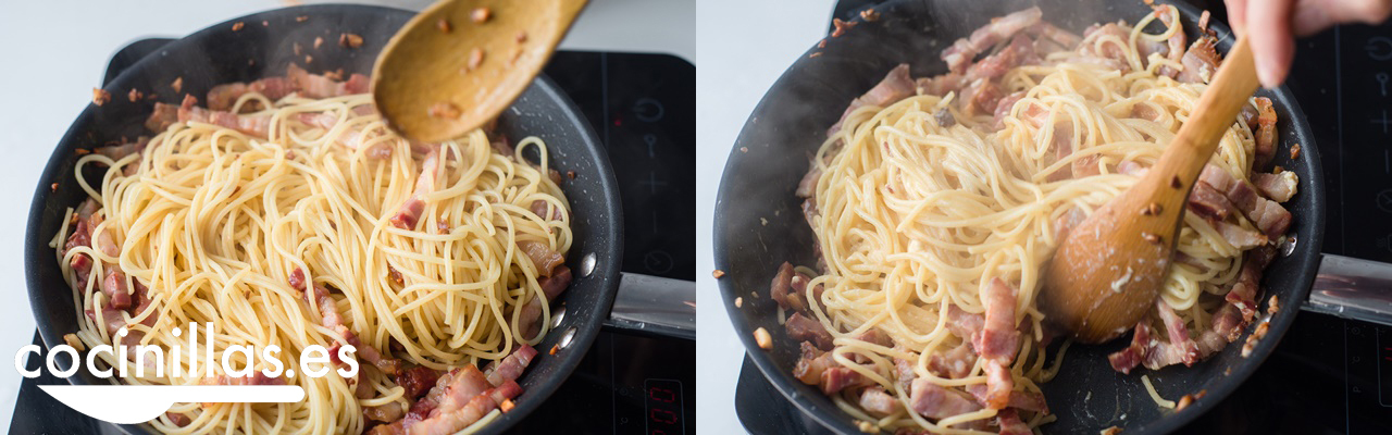 Espaguetis a la carbonara en la sartén