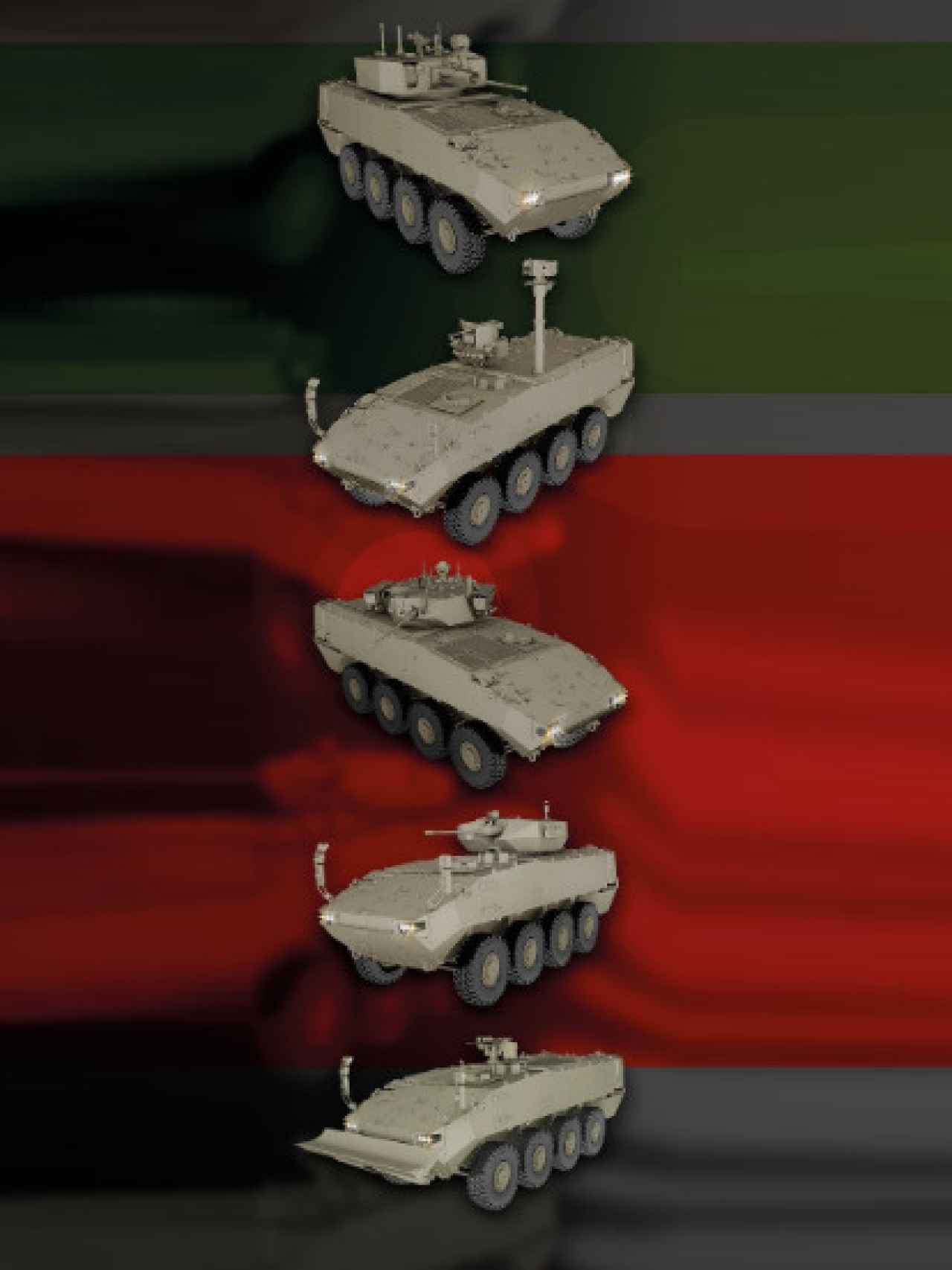 Diferentes modelos del vehículo 8x8 que adquirirá el Ejército de Tierra.