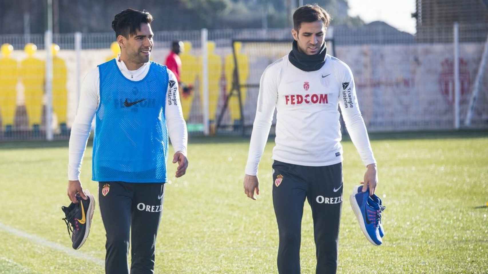 Falcao y Cesc Fàbregas durante un entrenamiento del Mónaco. Foto: Twitter (@AS_Monaco)