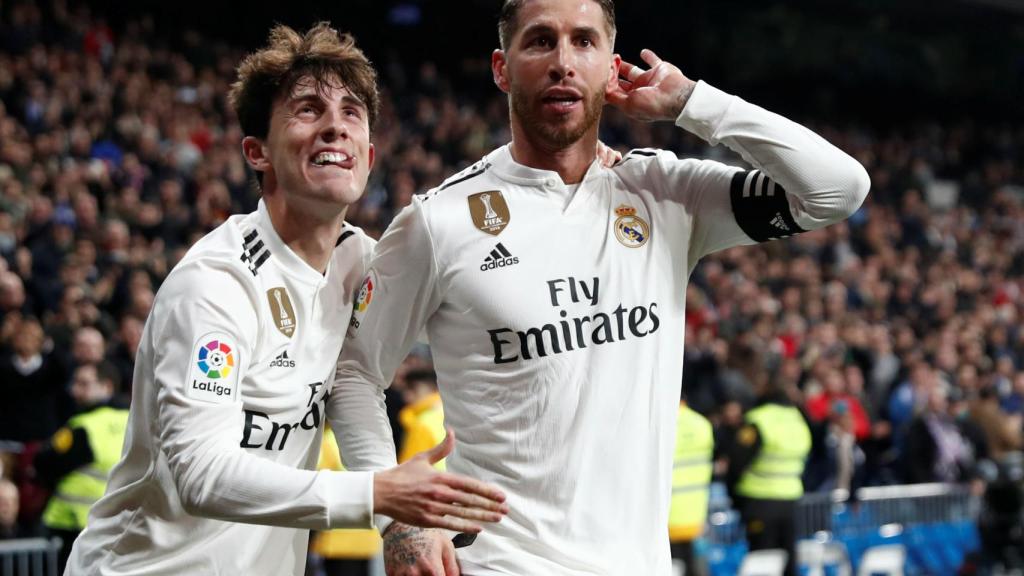 Celebración de Sergio Ramos tras su segundo gol al Girona