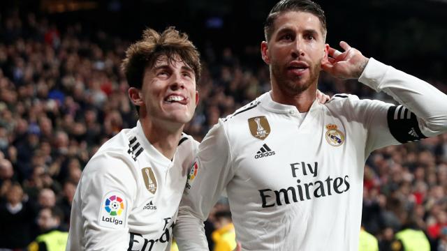 Celebración de Sergio Ramos tras su segundo gol al Girona