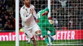 Celebración de Sergio Ramos tras su segundo gol al Girona