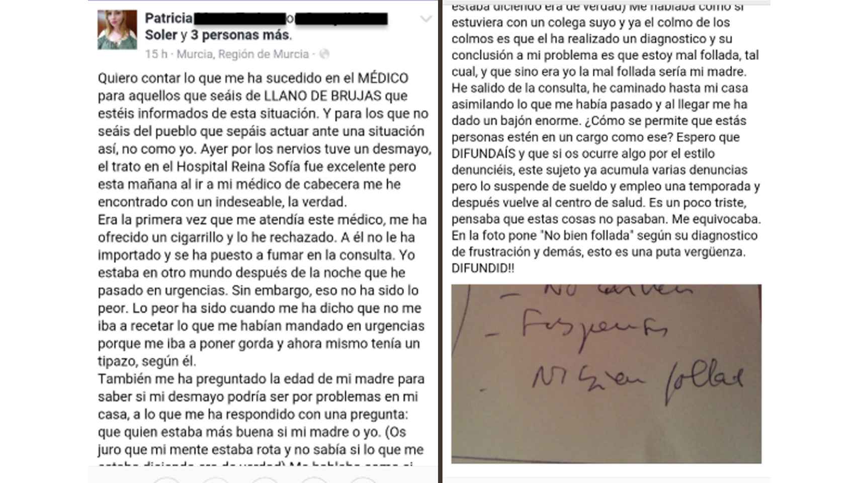 Publicación que Patricia subió a Facebook tras el incidente en la consulta del doctor Ramón en 2016.