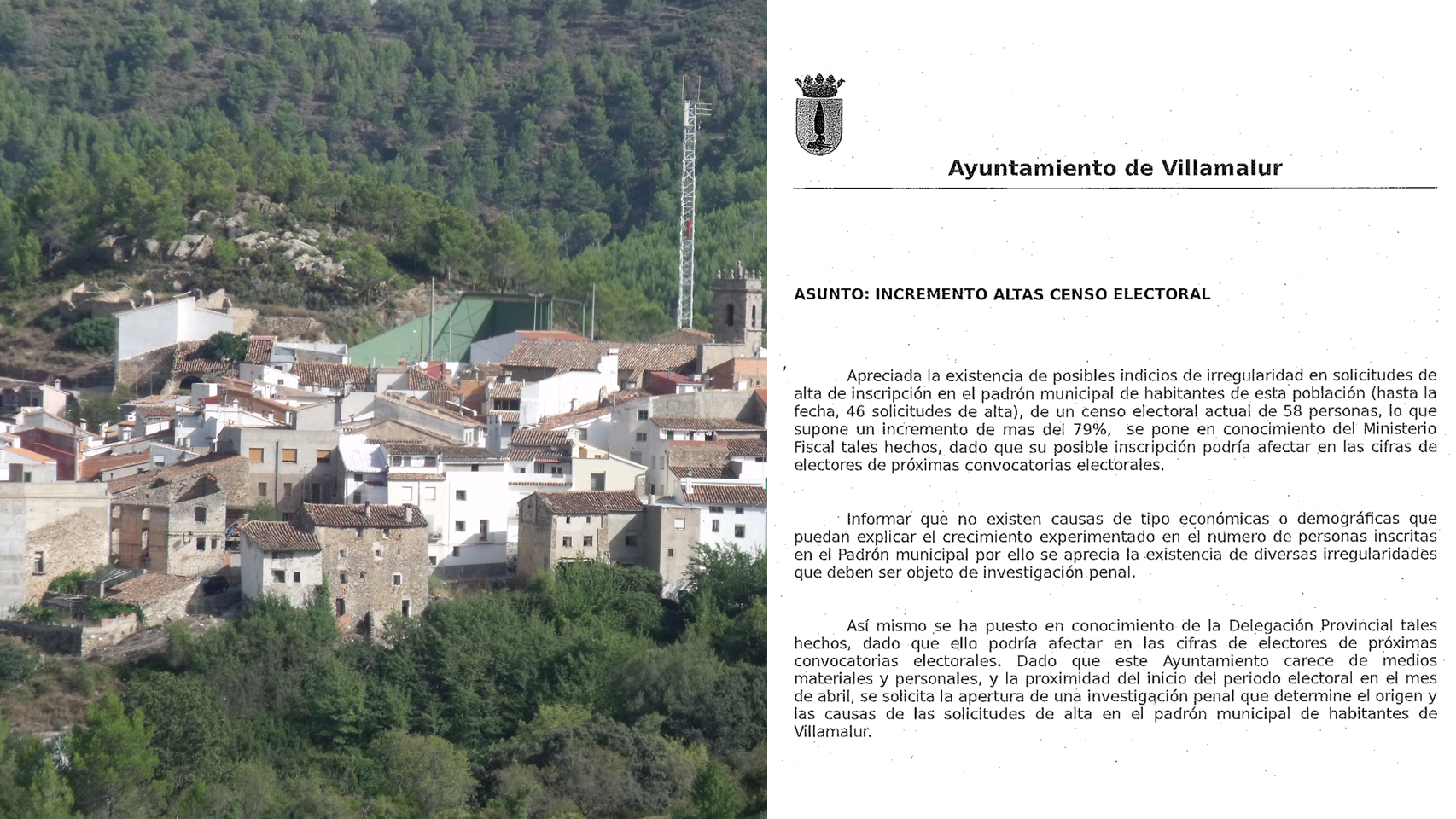 Imagen de Villamalur y la denuncia del Ayuntamiento presentada ante la Fiscalía de Castellón.