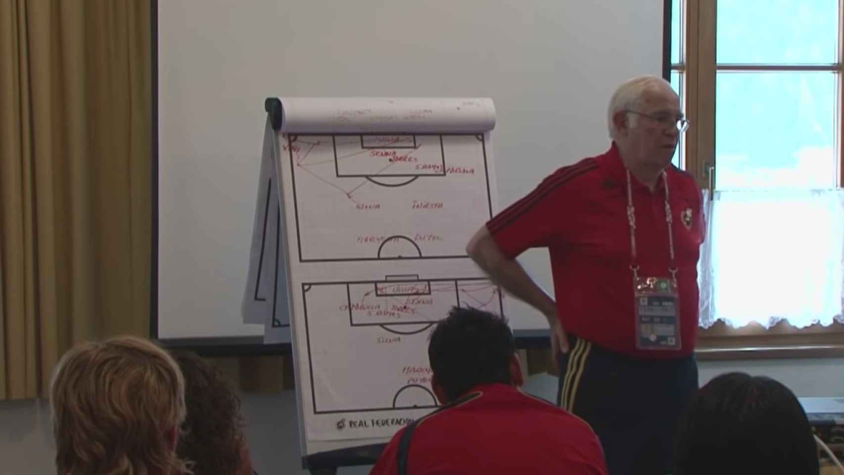 Luis Aragonés, durante una charla técnica a los jugadores de la Selección