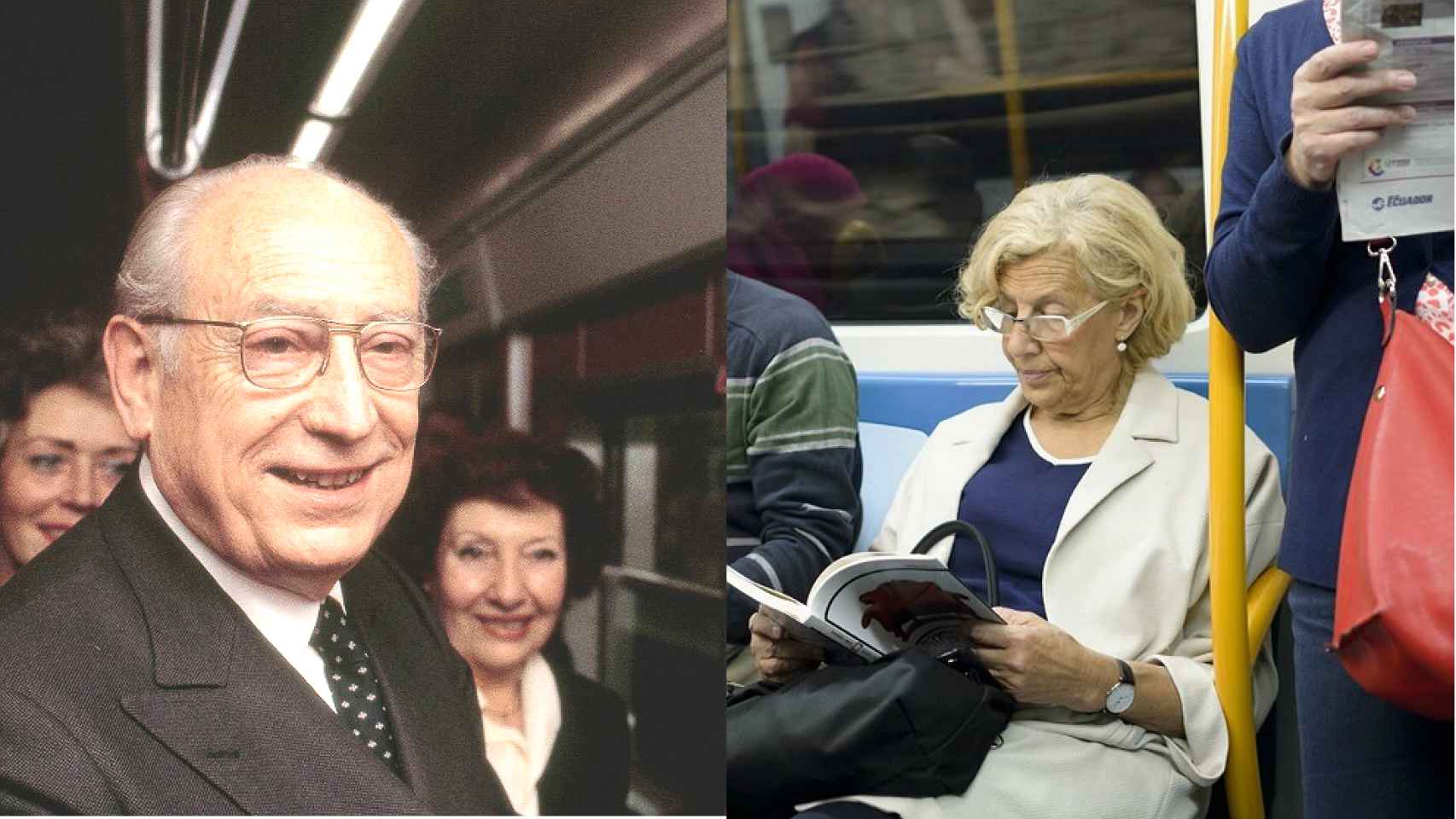 Enrique Tierno Galván y Manuela Carmena, ambos dejándose fotografiar en un vagón de Metro.