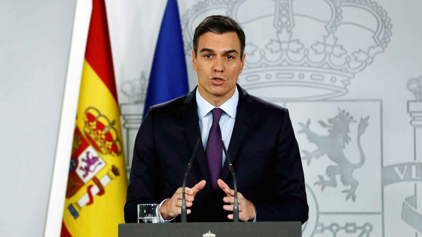 Pedro Sánchez, este lunes en Moncloa al anunciar que reconoce a Guaidó como presidente encargado de Venezuela.