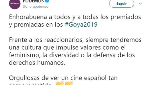 Podemos sólo ve enemigos machos: felicita a premiados y premiadas de los Goya frente a los reaccionarios