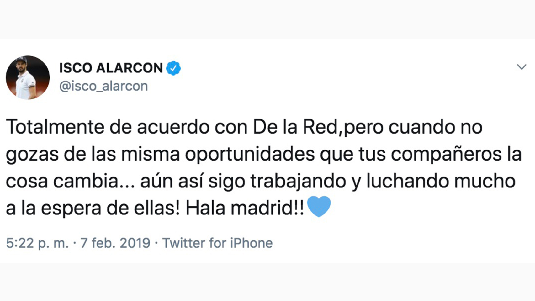 Isco contesta en Twitter a De la Red. Foto: Twitter (@isco_alarcon)