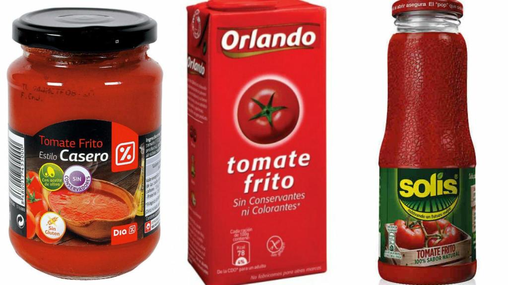 Tres marcas de tomate que podemos encontrar en el supermercado.