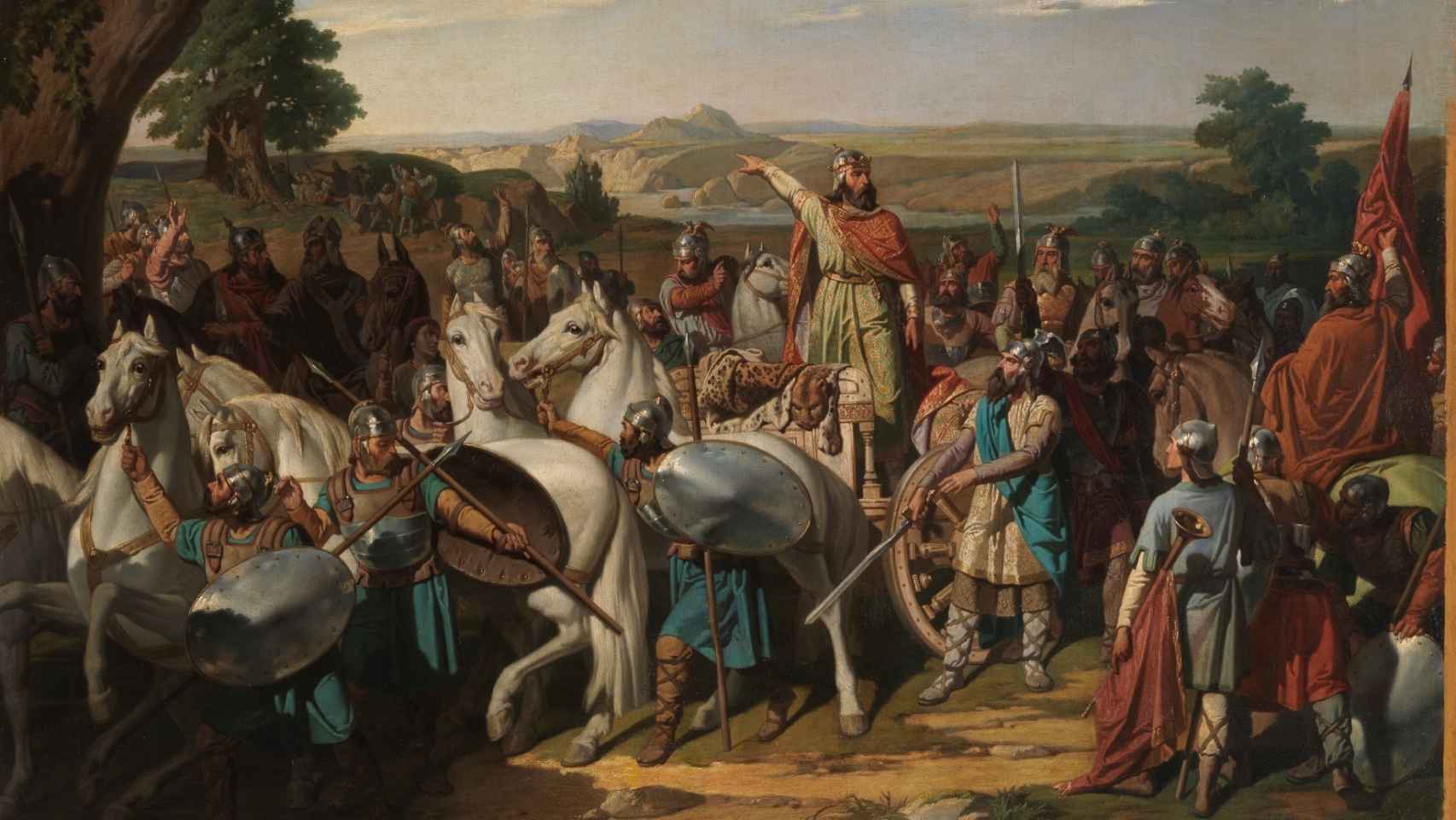 El rey don Rodrigo arengando a los jefes de su ejército antes de dar la batalla del Guadalete.