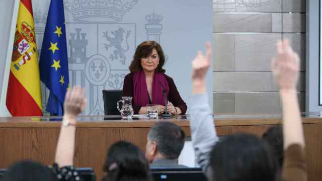 Carmen Calvo, durante su comparecencia de este miércoles en el Palacio de la Moncloa.