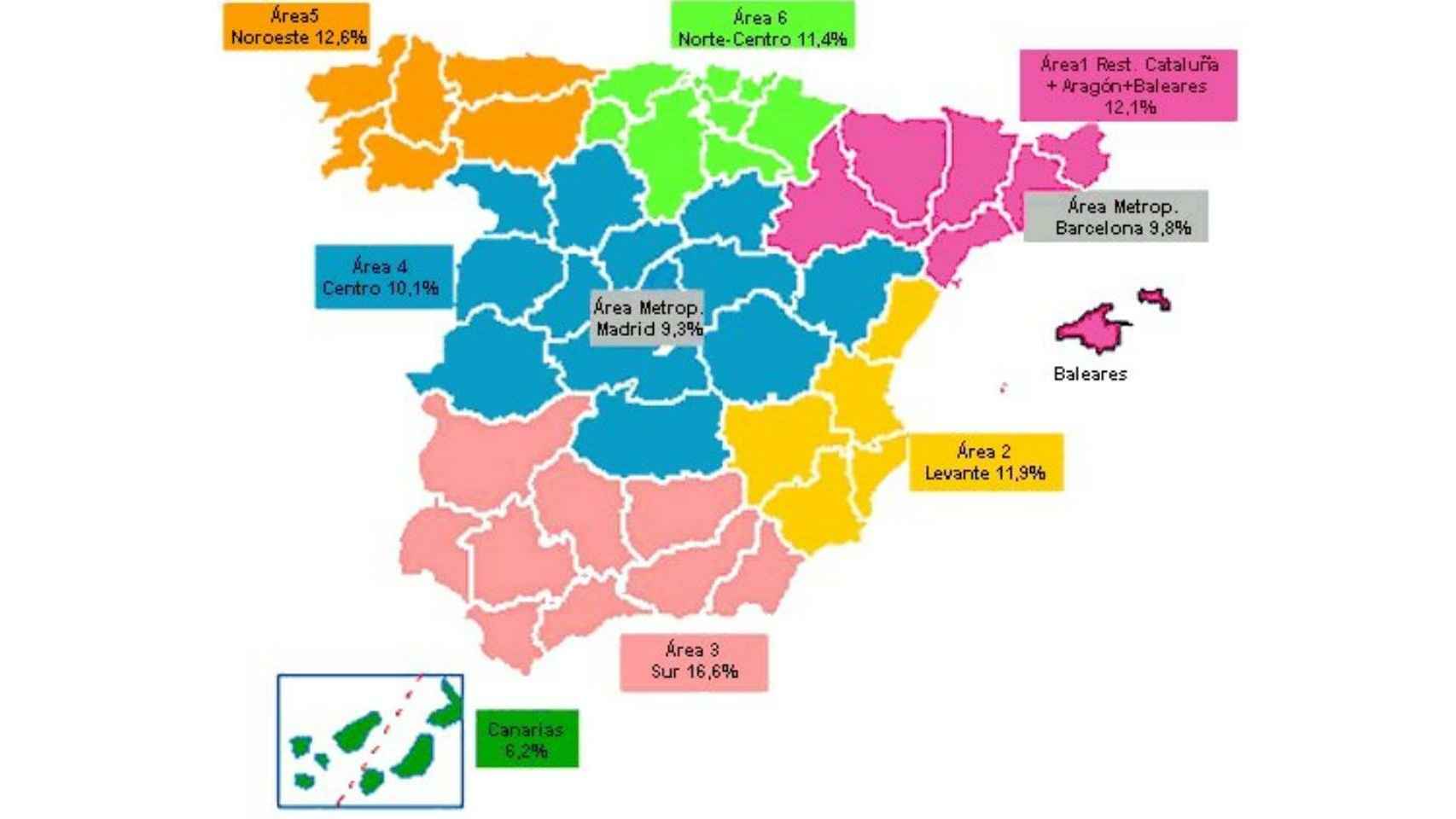Las zonas Nielsen en las que se divide España.