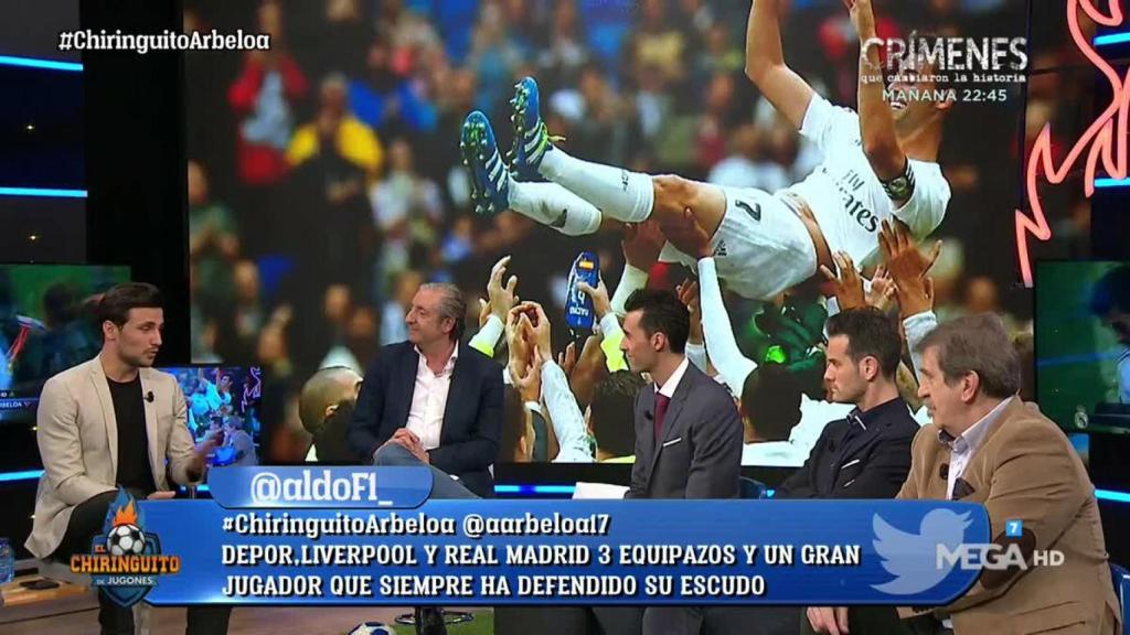 Jaime Astrain, Josep Pedrerol y Álvaro Árbeloa en El Chiringuito. Foto: Twitter (@elchiringuitotv)