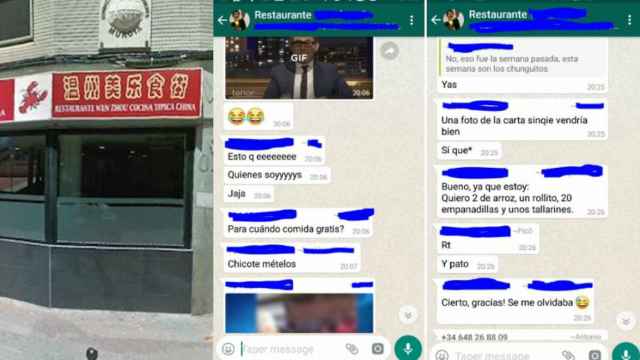 A la izquierda, la fachada del restaurante; a la derecha, la respuesta de algunos clientes al grupo de Whatsapp.