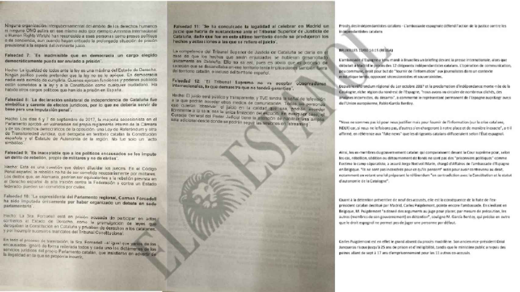 Argumentario contra la propaganda independentista repartido a las embajadas el 11 de febrero y nota de la embajada belga del 12 de febrero.