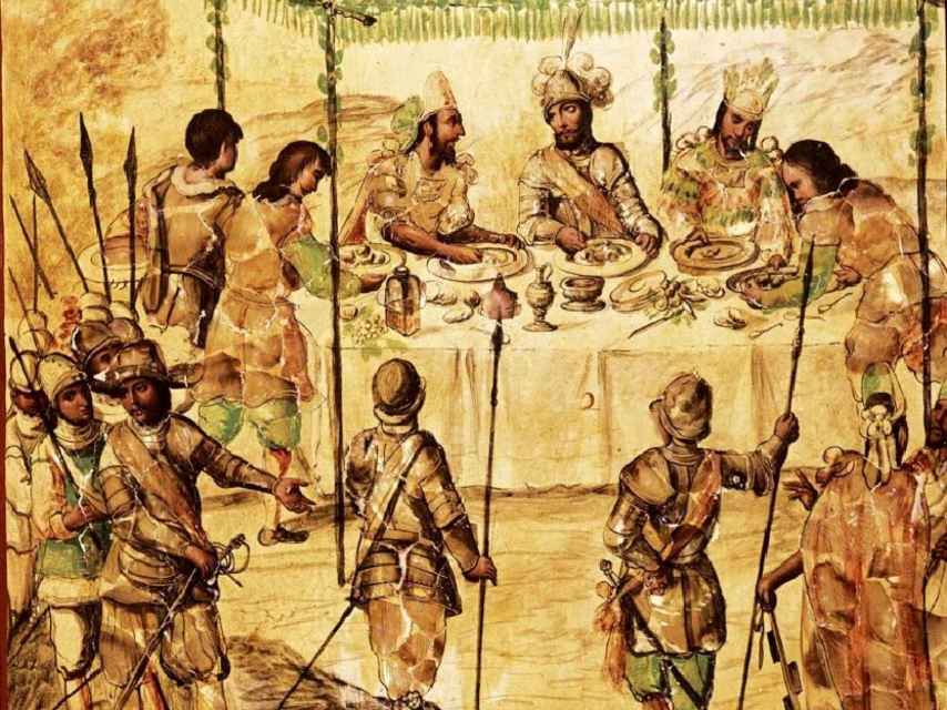 Cortés comiendo con los embajadores de Moctezuma. Pintura de Juan y Miguel González de 1698. Museo de América, Madrid.
