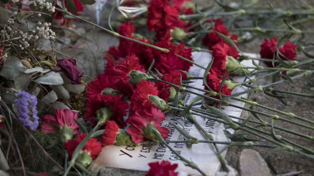 Rosas depositadas este lunes sobre la tumba de Antonio Machado.