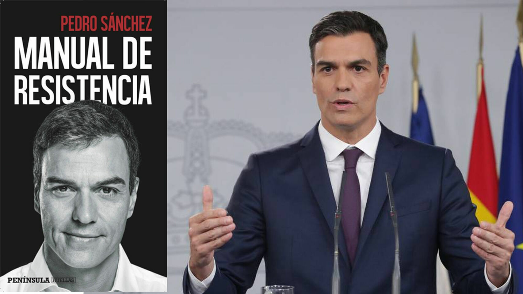 Pedro Sánchez y la portada de su libro.