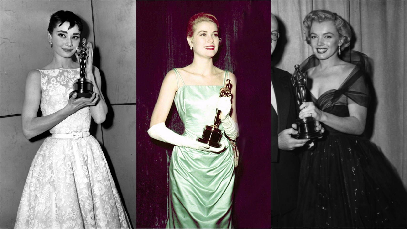 De izquierda a derecha: Audrey Hepburn, Grace Kelly y Marilyn Monroe en los Oscar.