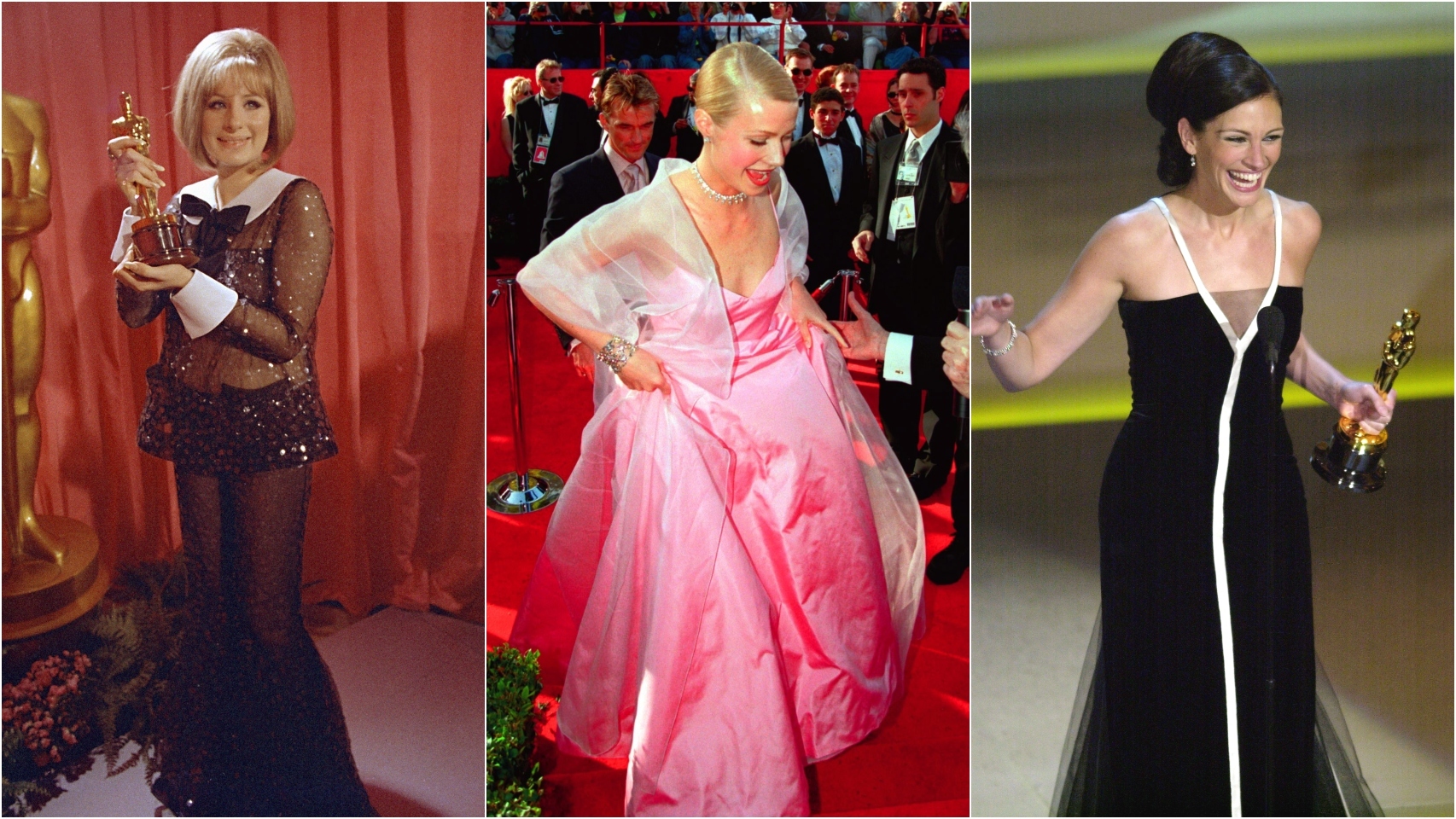 De izquierda a derecha: Barbra Streisand, Gwyneth Paltrow y Julia Roberts la noche en que ganaron su primer premio Oscar.