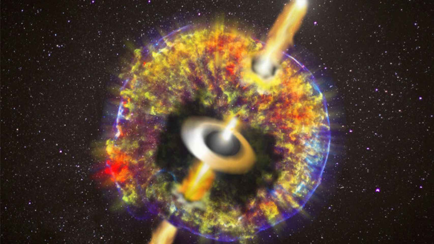 Ilustración de un jet o chorro atravesando el material eyectado por la fusión de dos estrellas de neutrones. / O.S.Salafia, G.Ghirlanda, NASA/CXC/GSFC/B.Williamsetal