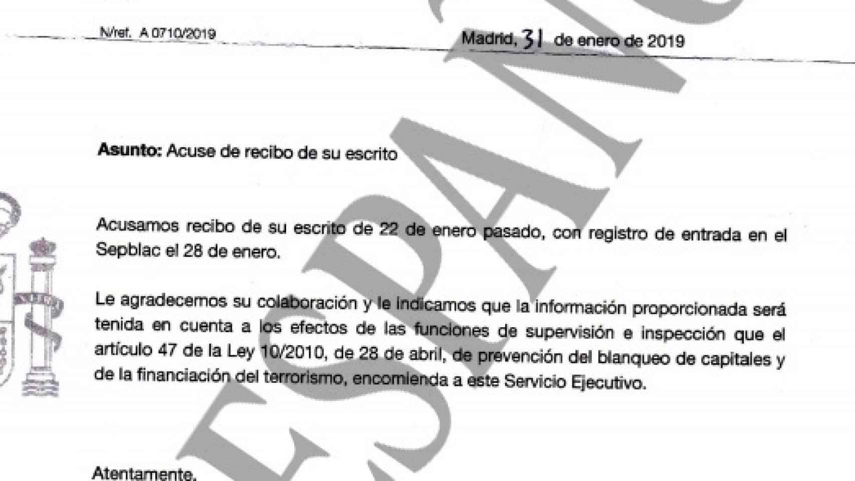 Copia de la carta enviada por el Sepblac a Pérez Dolset.
