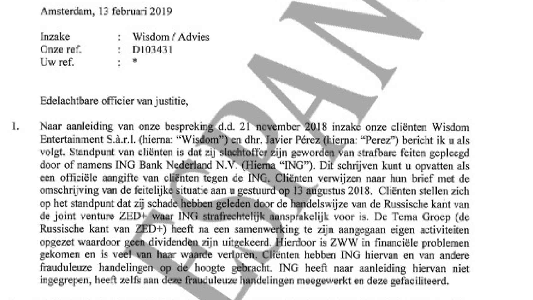 Copia de la misiva enviada por los abogados de Pérez Dolset a la fiscalía holandesa.