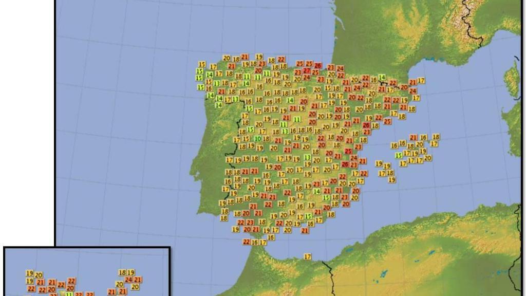 Mapa de España con las temperaturas máximas de este miércoles.