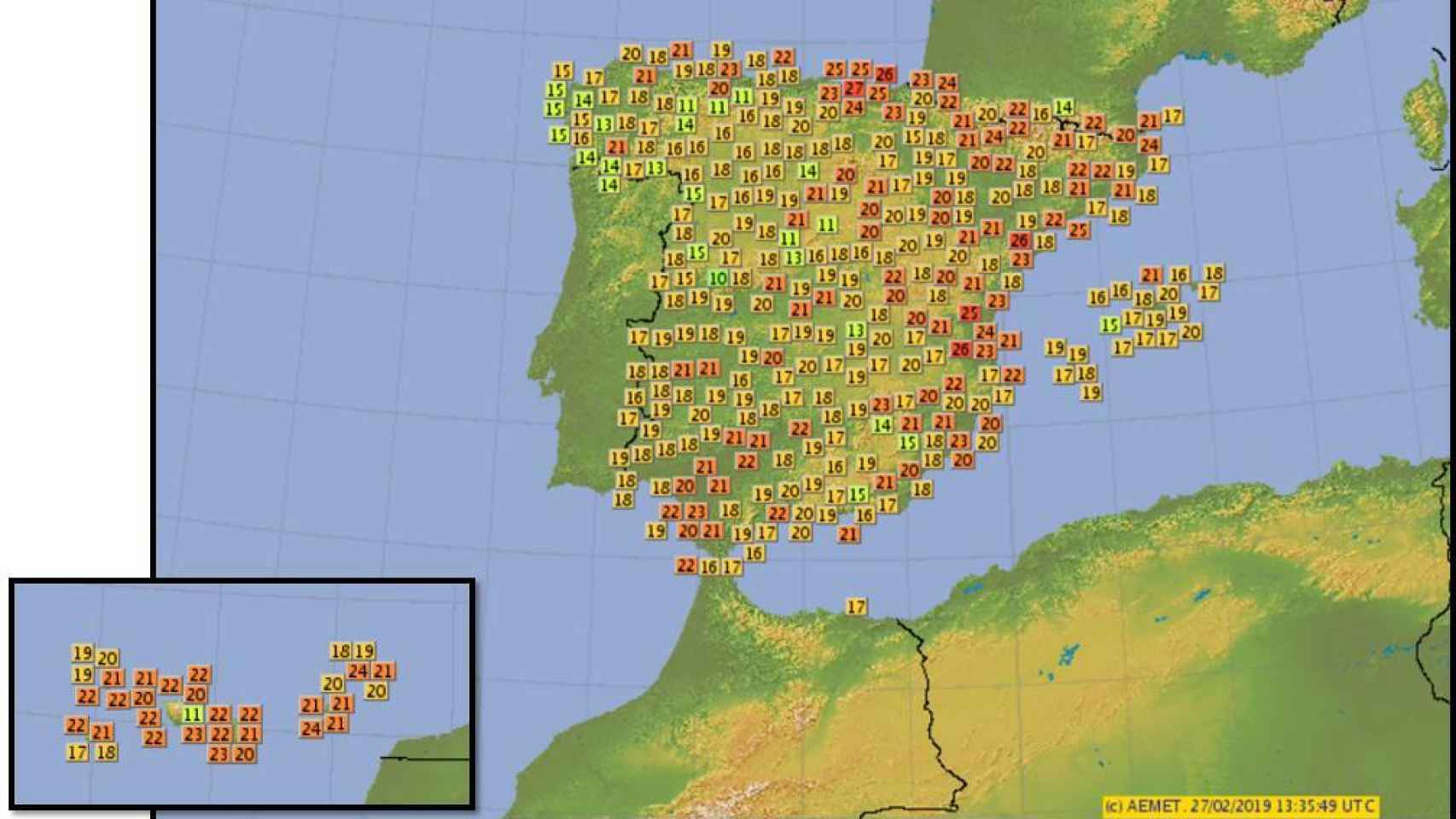 Mapa de España con las temperaturas máximas de este miércoles.