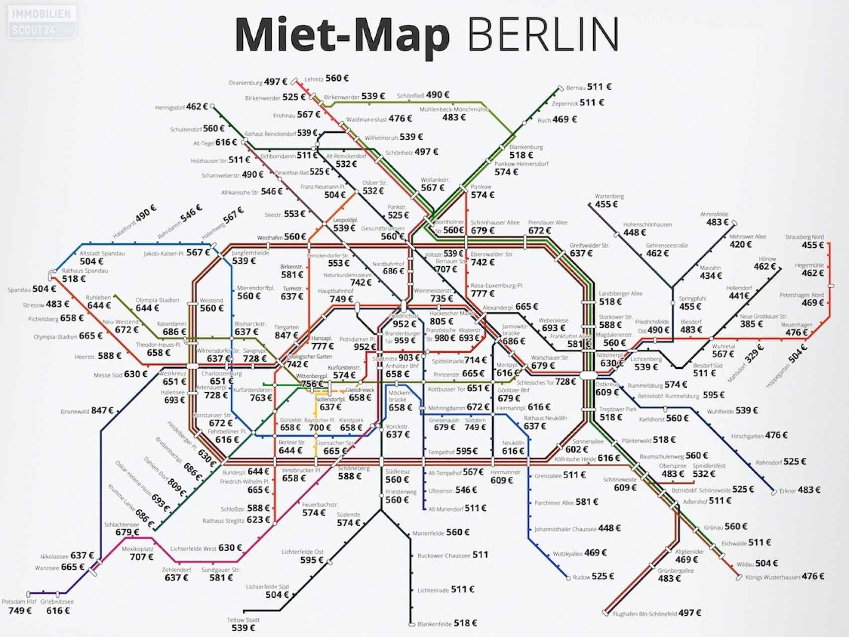 Mapa del coste del alquiler en Berlín en 2016, para pisos de unos 70 m2.