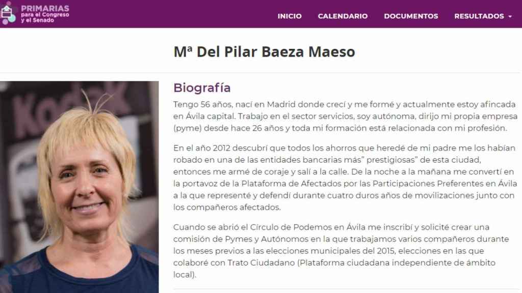 La biografía de Pilar, en la página web de los candidatos al Congreso de Podemos.