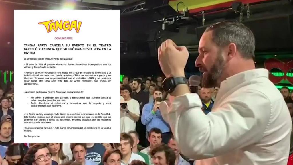 Santiago Abascal, en la fiesta de Cañas por España de Sala Barceló, junto al comunicado de la Tanga Party!