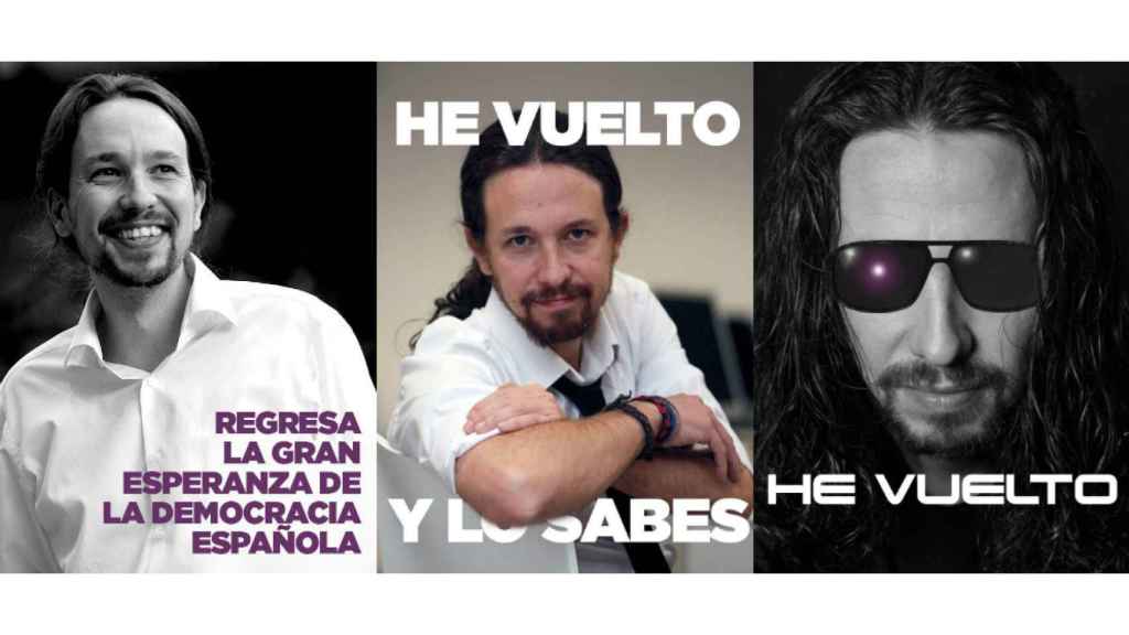 Carteles preparados por el grupo Guerrilla 2.0 en Telegram en apoyo a la campaña oficial vuELve de Podemos.