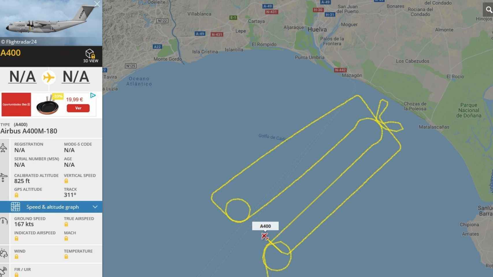 Recorrido efectuado por el avión A400M en el Golfo de Cádiz.