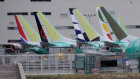 FILE PHOTO: The tails of Boeing 737 MAX aircraft are seen at a Boeing production facility in Renton, Washington