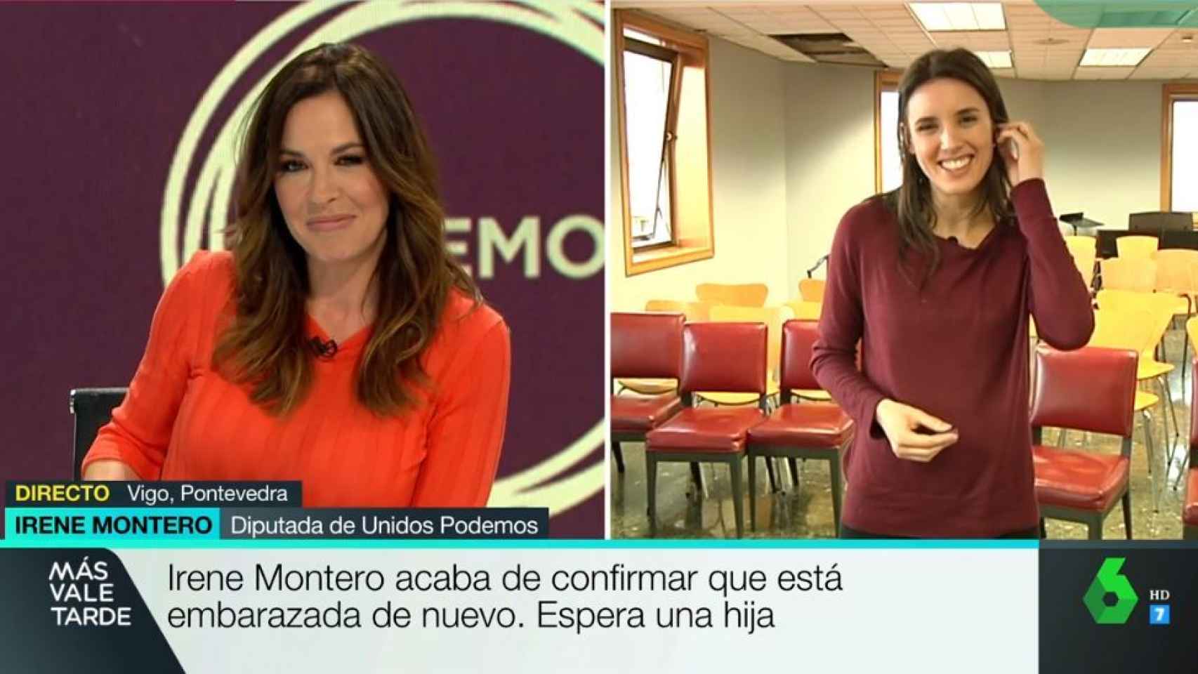 La periodista Mamen Mendizábal e Irene Montero en el programa 'Más vale tarde'.