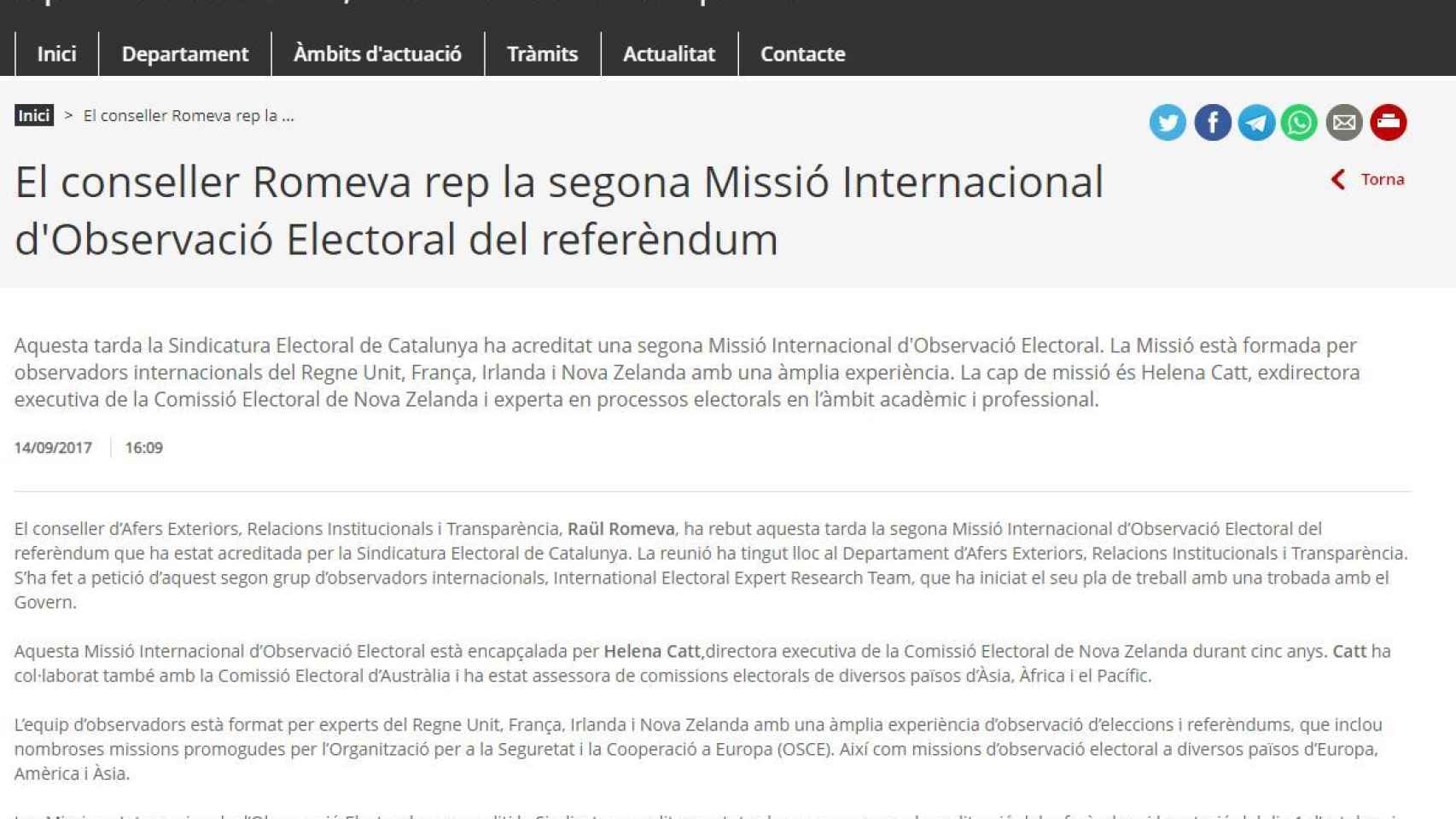 Nota de Romeva sobre la misión internacional de observación electoral de Catt./